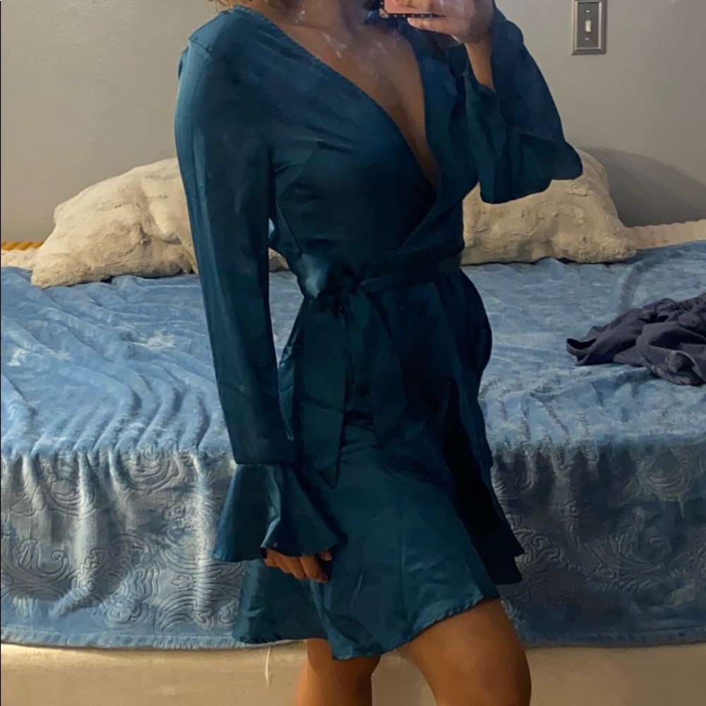 Shein Teal silk long sleeve dress